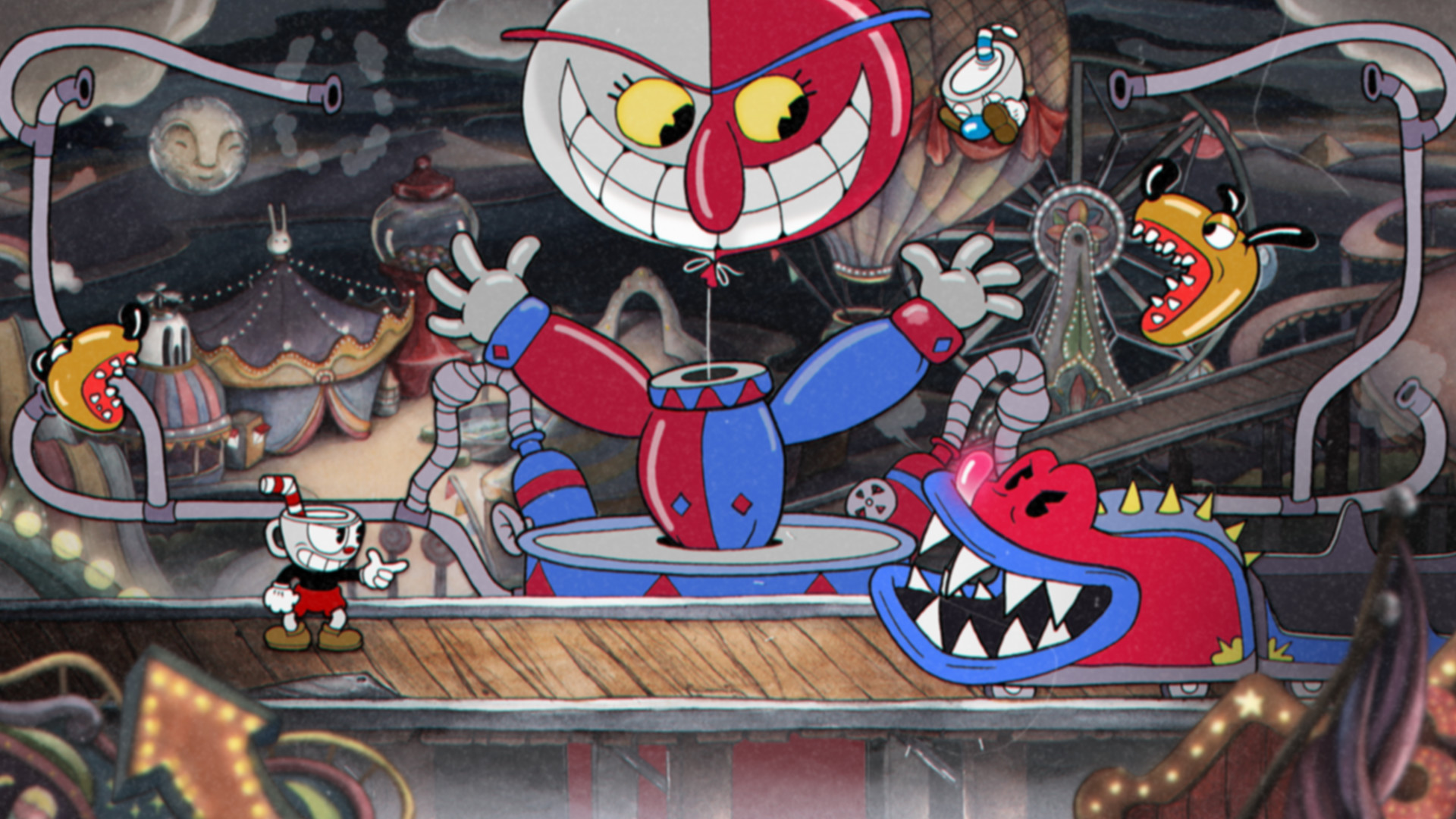 《 Cuphead 》描述杯子頭兄弟為還賭債，而為惡魔四處討債的冒險故事。