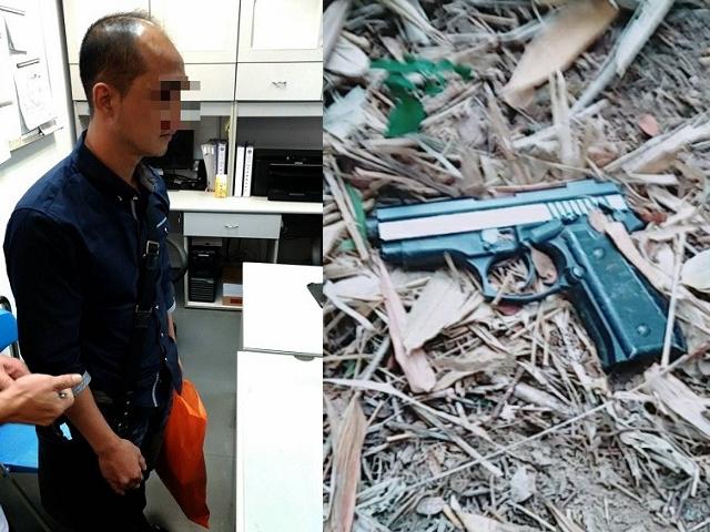 警方在桃園機場候機室逮捕準備潛逃出境的吳姓槍手，並在苗栗通霄鎮起出作案槍枝。（警方提供）