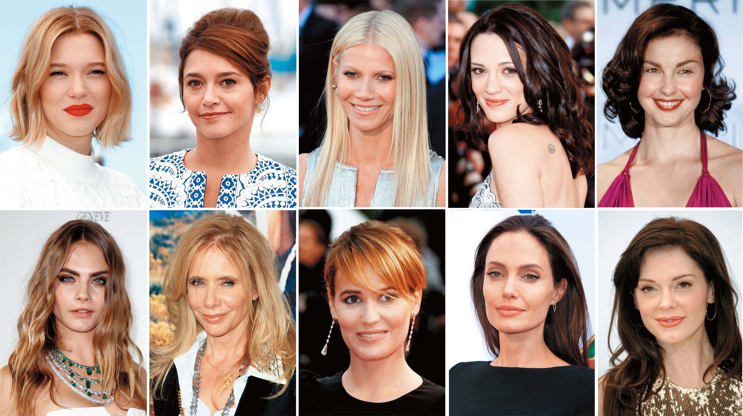 眾女星公開控訴曾遭哈維韋恩斯坦性騷擾，上排左起為蕾雅瑟杜、艾瑪狄庫妮、葛妮絲派特蘿、艾希雅阿基多、艾希莉賈德，下排左起為卡拉黛芬妮、羅珊娜艾奎特、茱蒂歌德雷契、安潔莉娜裘莉與蘿絲麥高文。（東方IC）