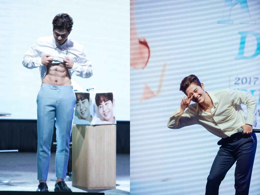 金桐俊首次單獨會台迷，賣萌露肌全都秀，主持人笑稱「天使臉孔，魔鬼身材」。（左：讀者提供，右：HNE提供）