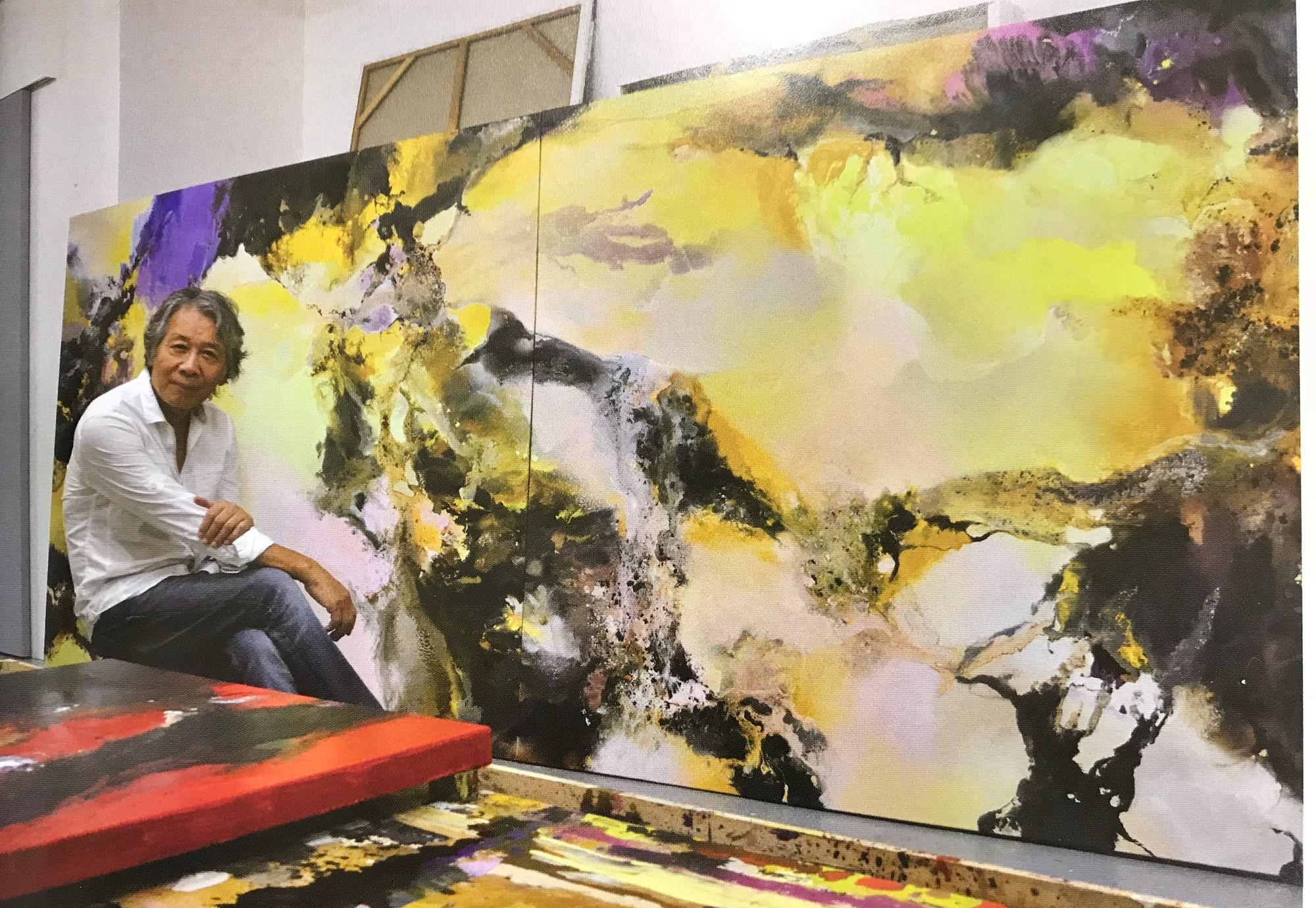蔡文雄擅於應用潑流技法，作品氣勢磅礡。