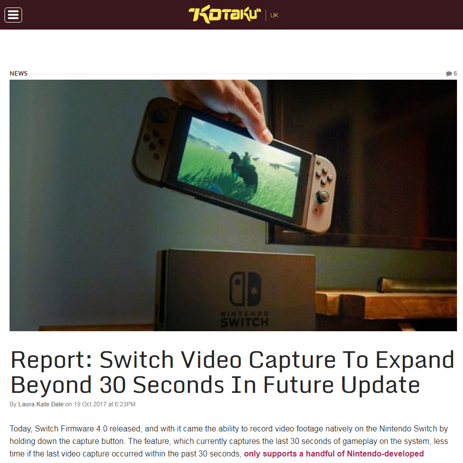 Switch 在未來可能會支援更長時間的錄影。（圖片來源：翻攝 Kotaku 報導網頁）