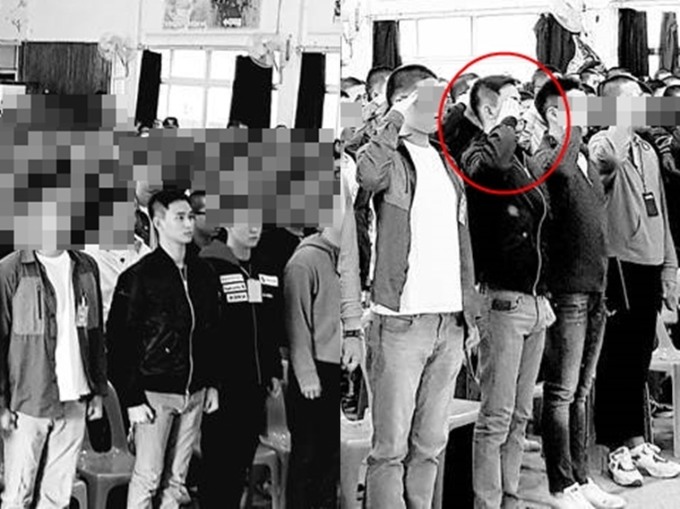 金秀賢（紅圈者）23日高唱從軍樂，他剃了頭的模樣稍晚也在網路流傳。（翻攝自Keyeast理事 Content Y代表 instagram）