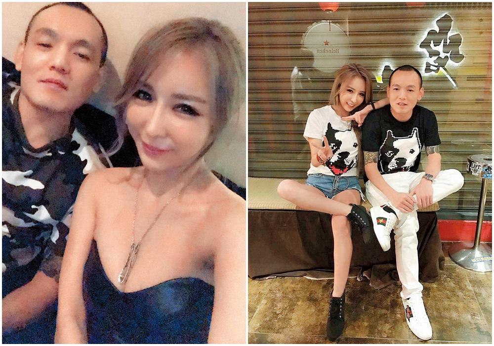 雪碧（左）在臉書放上和春風穿著同款大頭狗圖樣T恤，雖然女生對外說是業配，但實則為兩人刻意買的情侶裝。（讀者提供）