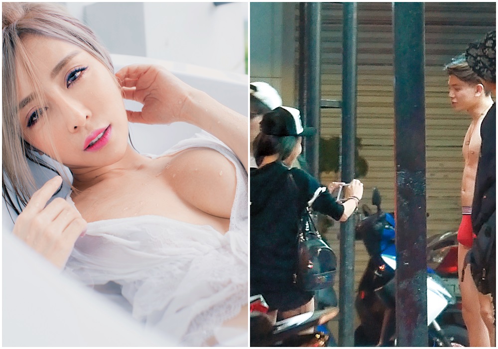 雪碧（右圖左一）晚間和孫生（右圖右二）等藝人用餐後拍起搞笑影片，雪碧不斷對著他的大鵰猛拍。