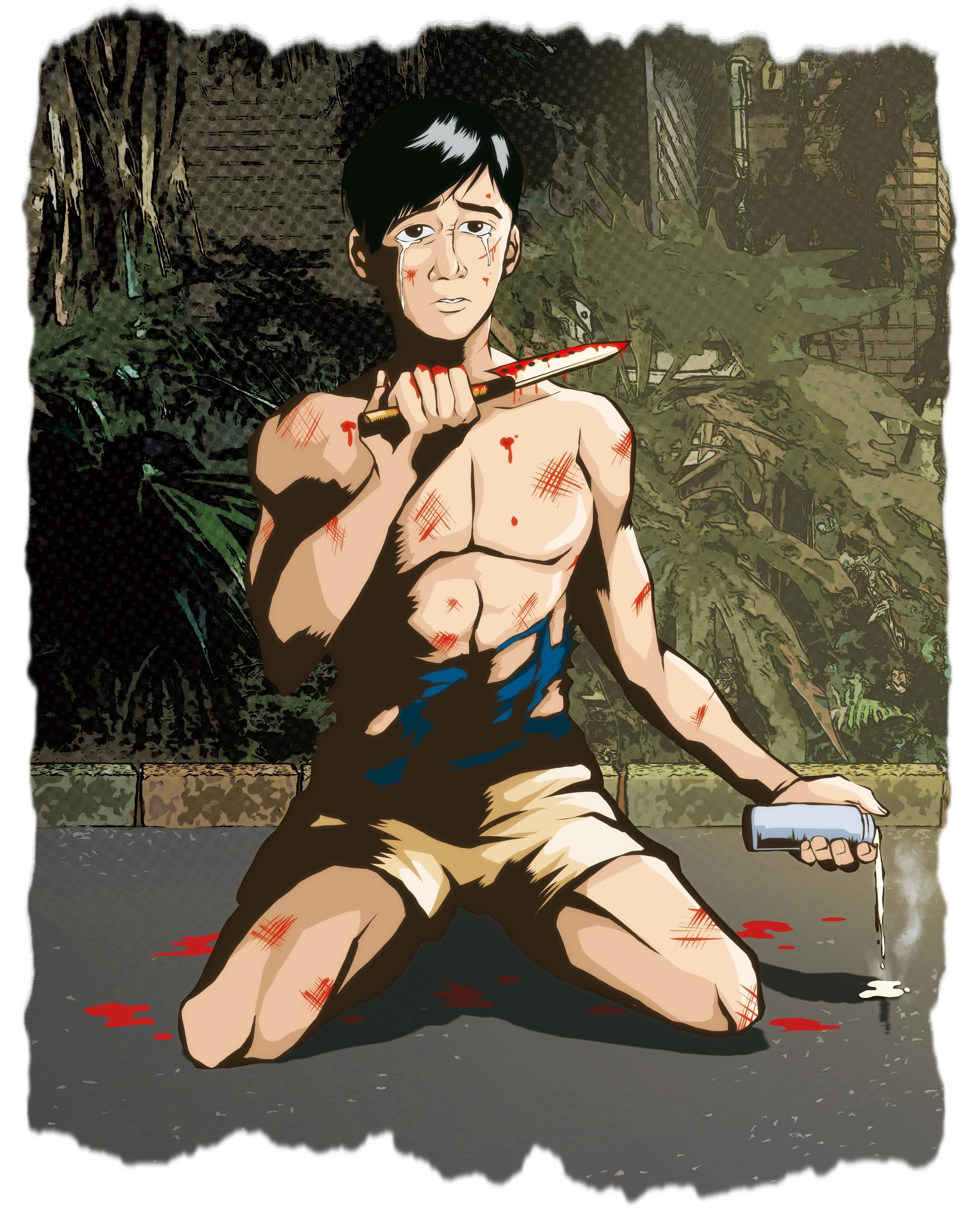 張男持水果刀追殺遭潑酸的謝男,最後刎頸,噴出大量血跡。