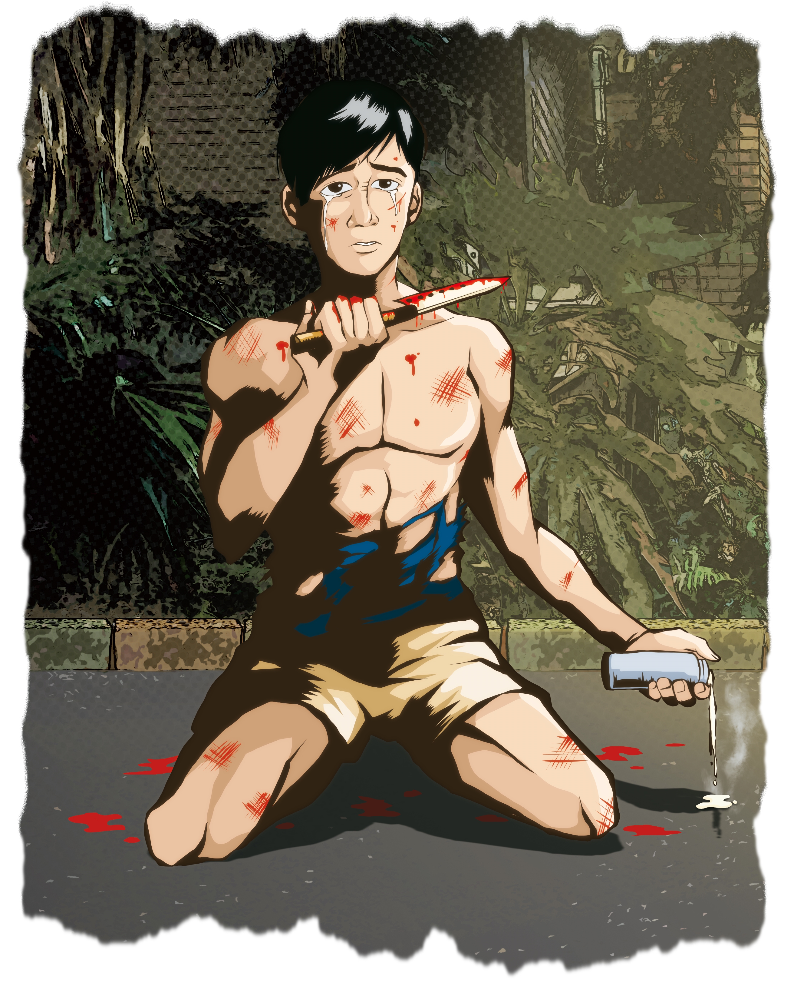 張男持水果刀追殺遭潑酸的謝男，最後刎頸，噴出大量血跡。