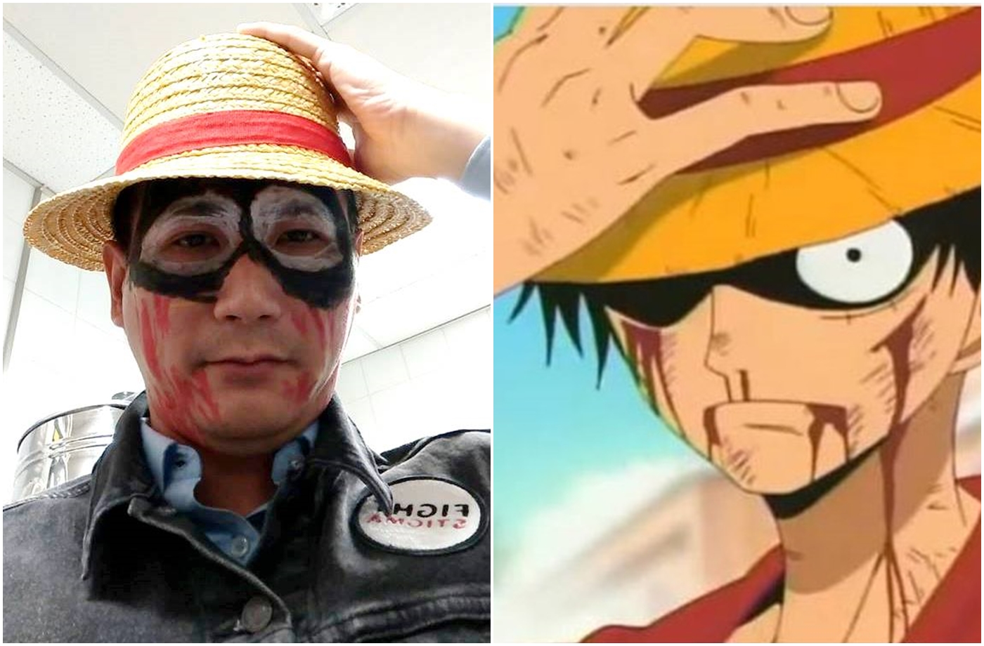 民進黨立委鄭運鵬今變裝成動漫人物「被揍的魯夫」質詢。（左圖翻攝自鄭運鵬臉書，右圖鄭運鵬辦公室提供）