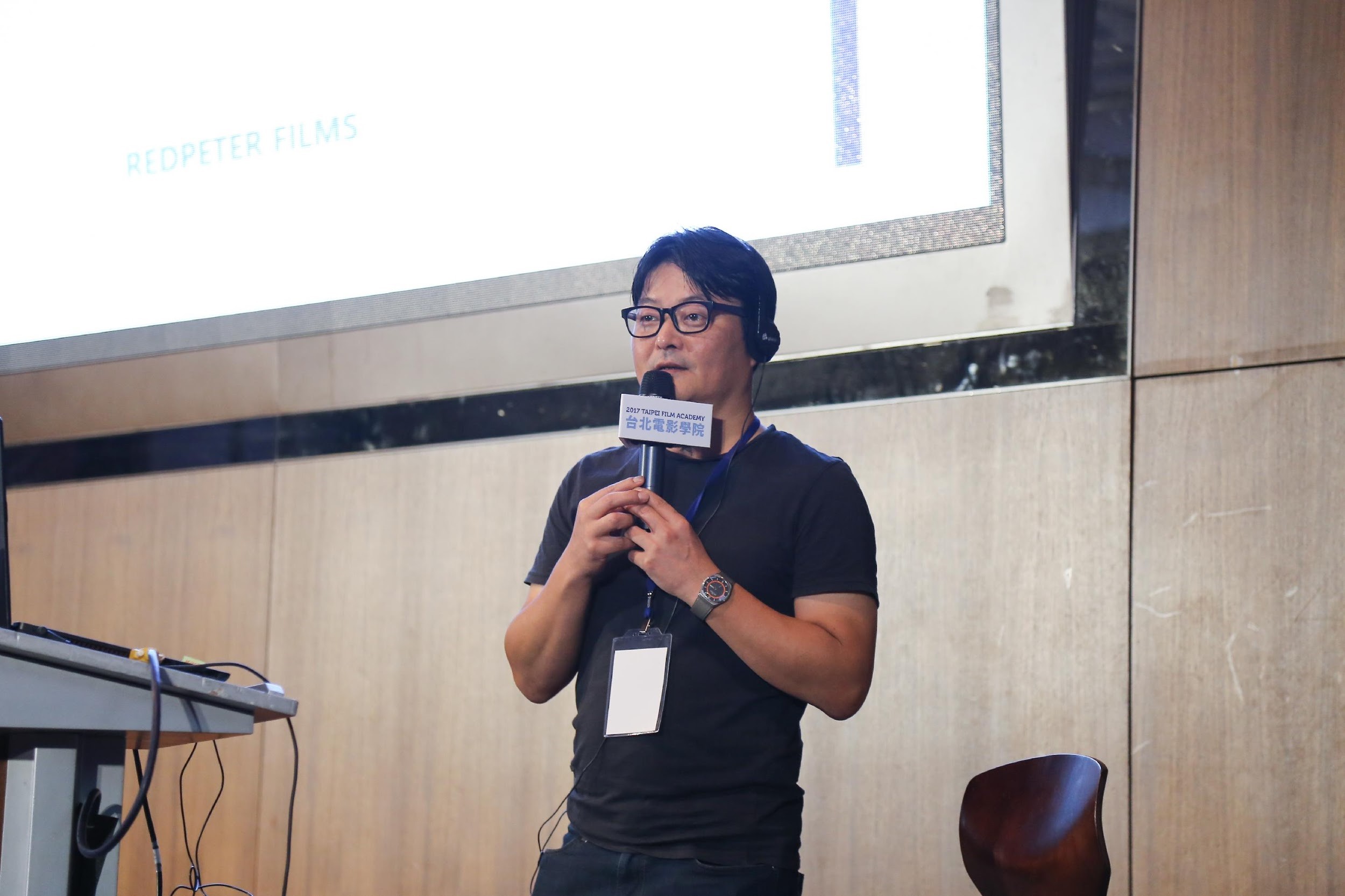 受台北市影委會邀請，李東河來台分享製片的經驗。（台北市影委會提供）