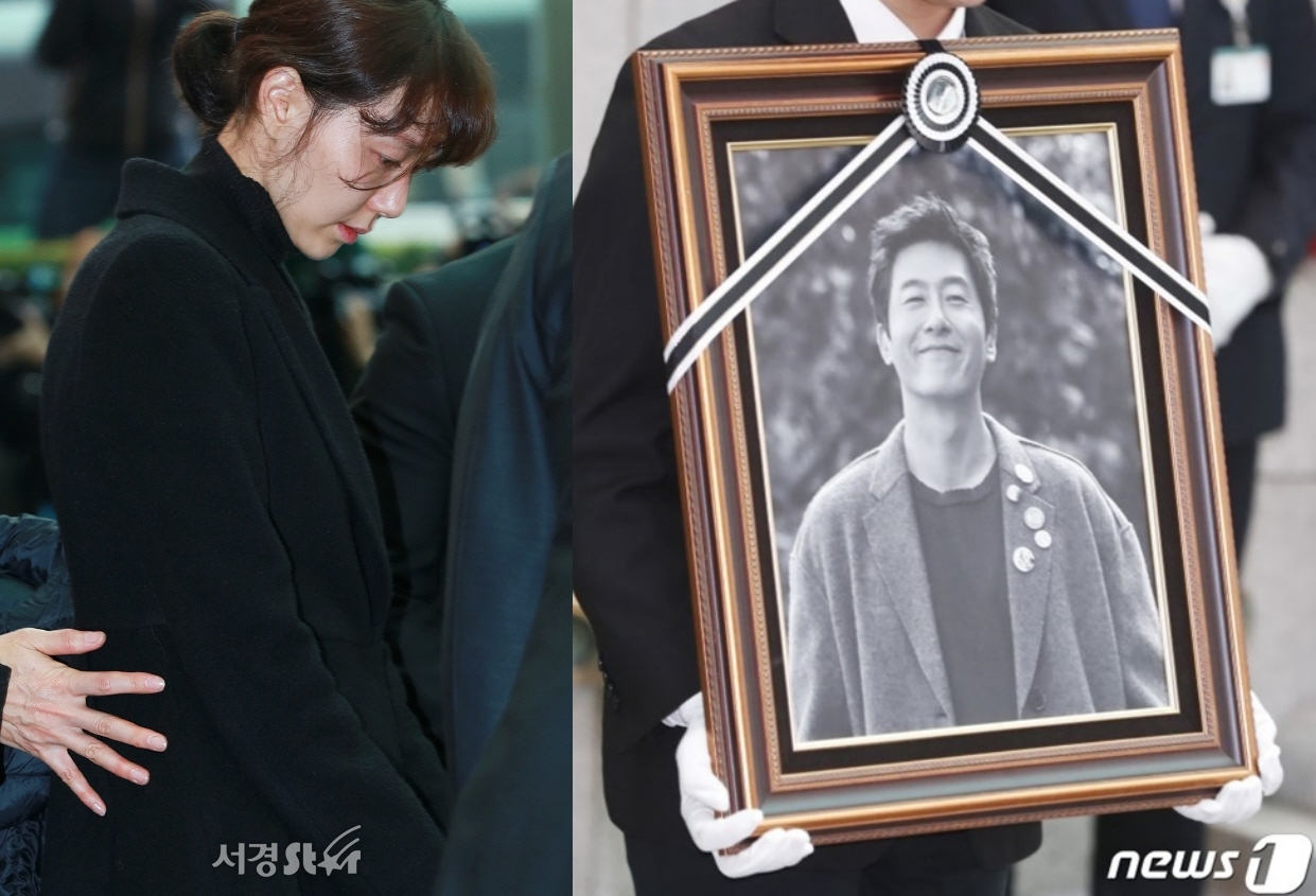 韓星金柱赫2日出殯，女友李宥英神情憔悴。（網路圖片）