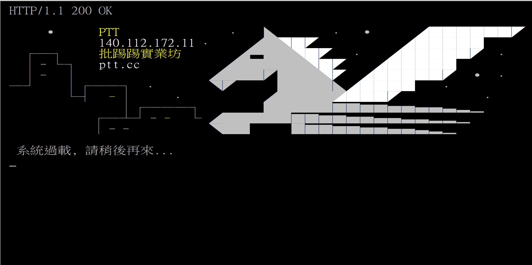 PTT重新開放登入，鄉民湧入，系統馬上過載。（翻攝PTT畫面）