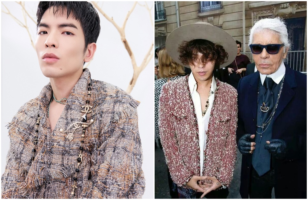 老蕭身上穿的都是動輒幾十萬起跳的CHANNEL經典款式，配上項鍊氣勢驚人（《MilkX》提供）。右為韓國偶像GD於2015年曾穿著CHANNEL女裝參加巴黎時裝週、與時尚界老佛爺卡爾拉格斐相見歡（翻攝網路）。