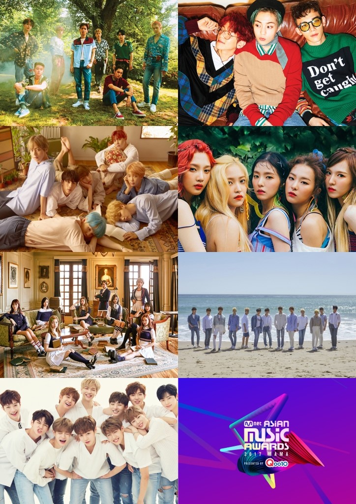 MAMA頒獎典禮公布第二波確定出席喜賓名單，包括（左，從上至下）EXO、BTS、Twice、Wanna One及EXO-CBX、Red Velvet、Seventeen。（CJ E&M提供）