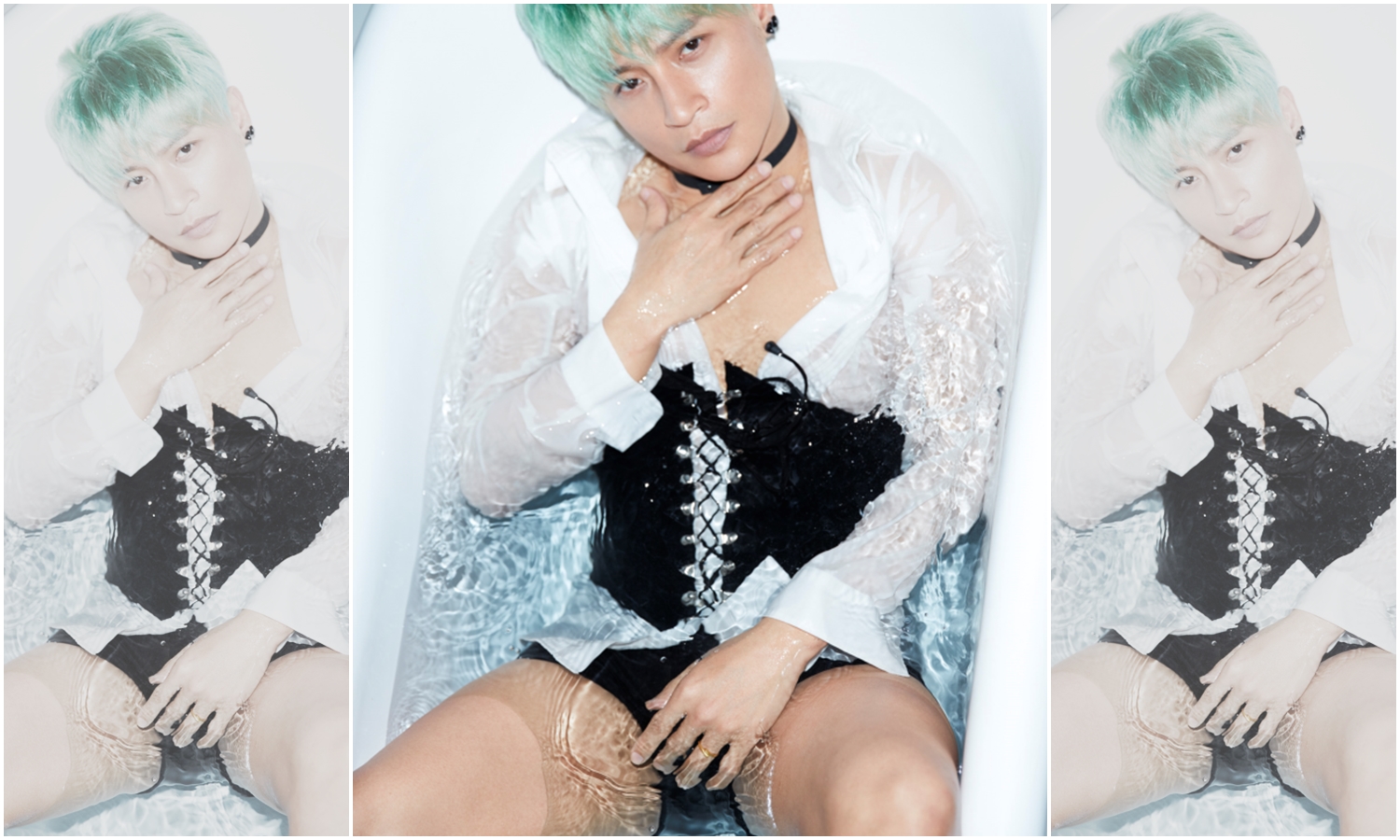 陳志朋躺在裝滿水的浴缸濕身拍照，他既穿上王子封白襯衫又穿上馬甲，雌雄同體的造型實在不負他「騷男」封號。（金三角提供）