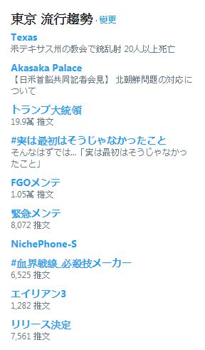 「#血界戦線_必殺技メーカー」突然衝高，與德州（槍擊案）、赤坂離宮（日米首腦會談記者會地點）、川普總統、「其實一開始不是這樣的」等話題同列在流行趨勢中。