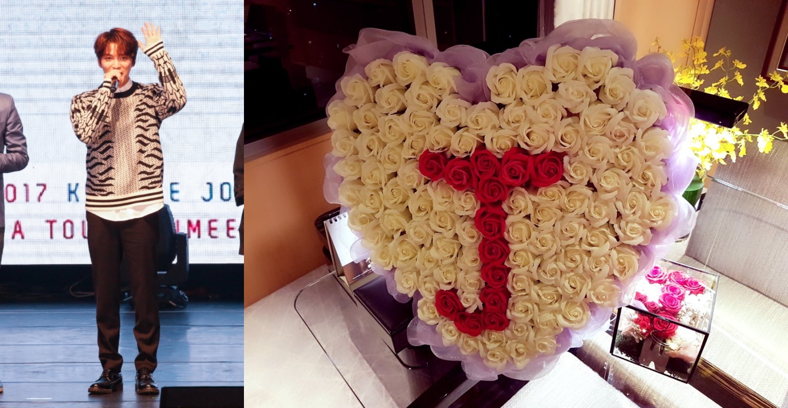 韓星金在中在台大體育館舉辦粉絲見面會，開心貼出粉絲在飯店準備的玫瑰花束。（左：攝影蕭志傑，右圖翻攝自金在中推特）