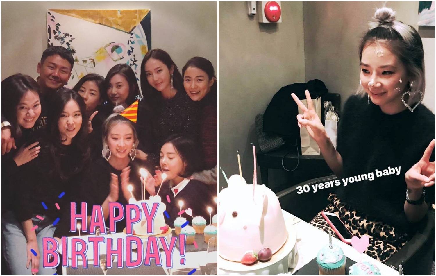 左圖：Irene（中下）過生日，好友潔西卡（上右二）及其他朋友特別為她慶生。（翻攝潔西卡IG）。右圖：Irene在本月6日過30歲生日。（翻攝Irene IG）