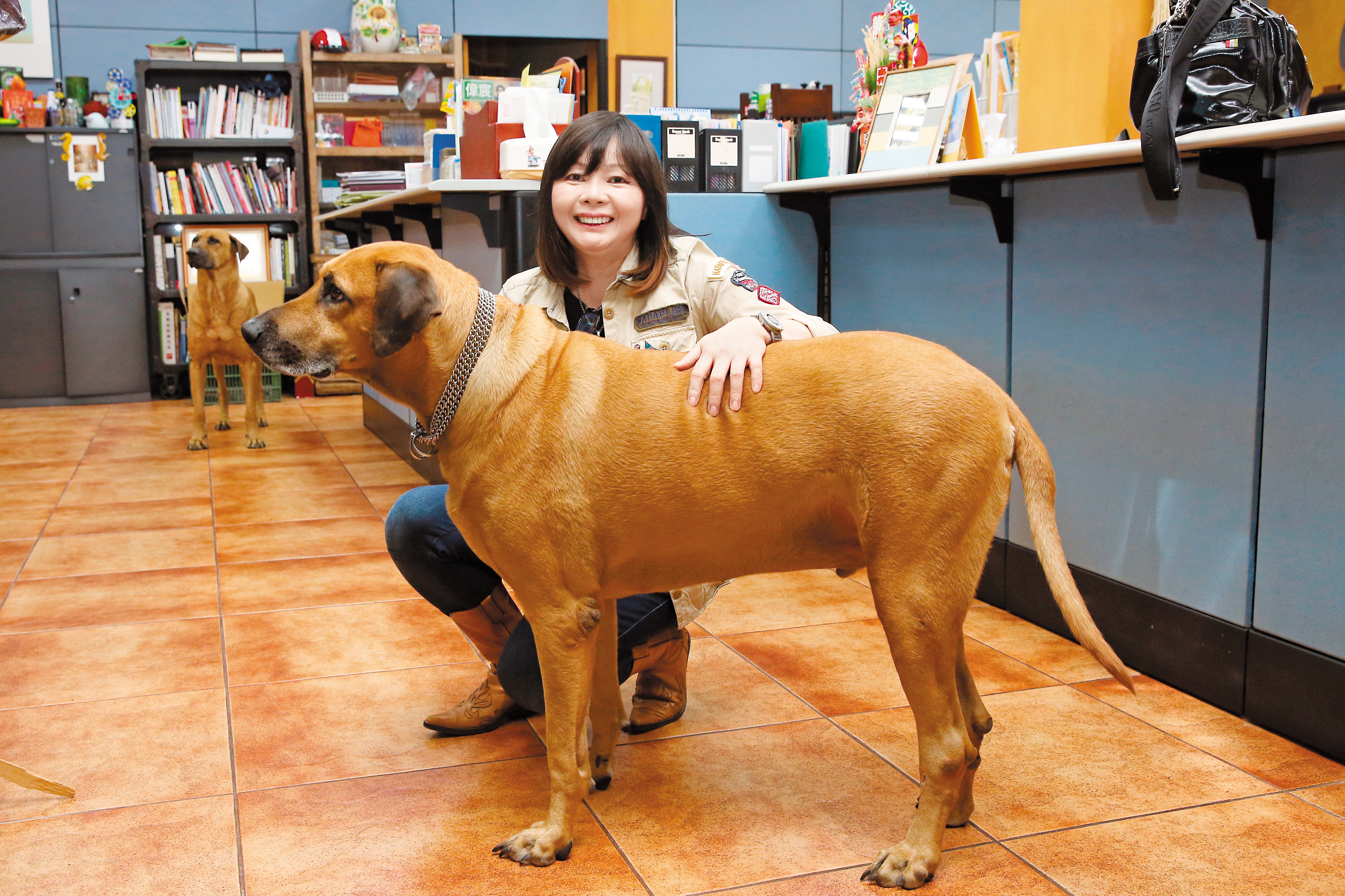 Amy把3隻認養來的大狗，養在冒煙的喬高雄總部內，她說：「大狗不比小狗，牠們被認養率極低，所以專挑大狗來養。」