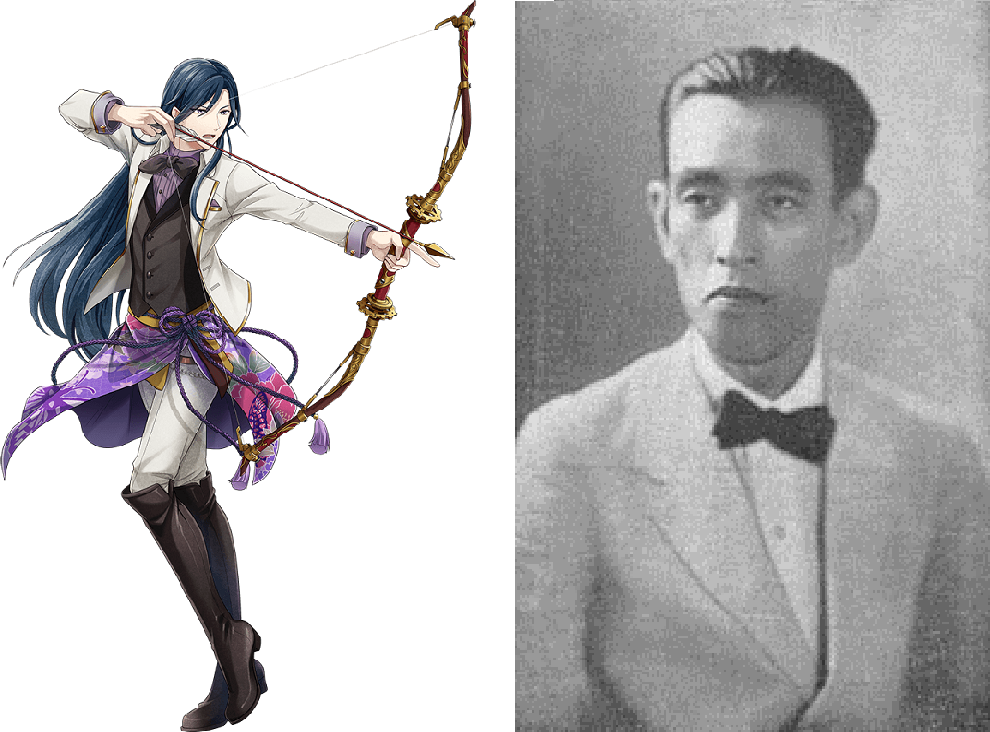 永井荷風（1879年12月3日－1959年4月30日）是二十世紀上半葉日本唯美派小說名家，代表作有《濹東綺譚》、《斷腸亭日乘》等。左圖為網頁遊戲中永井荷風手握弓箭和「侵蝕者」戰鬥的姿態，右圖則是史實上的永井荷風壯年時照片。 圖片來源：《文豪與鍊金術師》日文攻略wiki、維基百科
