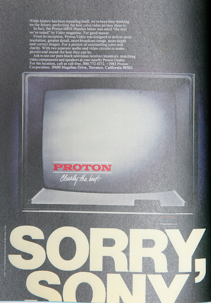 1984年,洪裕鈞四叔洪敏泰主導的普騰電子,推出全球第一台黑色電視,廣告口號為「Sorry,Sony!」,產品外銷美國、紅極一時。(洪裕鈞提供)