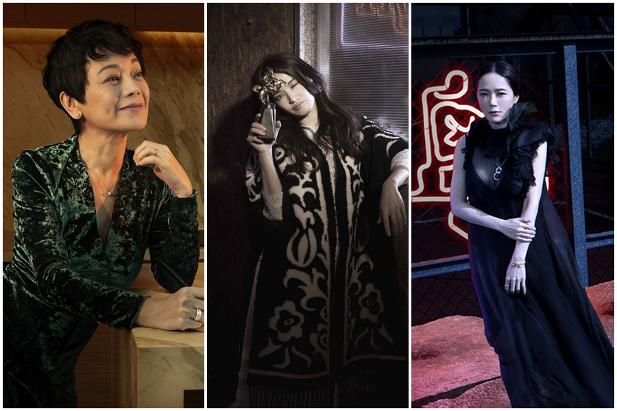 金馬獎即將於25日登場，「榮耀時刻」系列照片曝光，左起為張艾嘉、舒淇及尹馨。