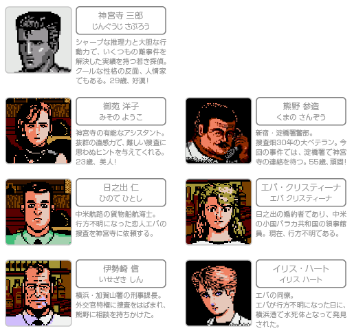 《偵探神宮寺三郎》系列第二作《橫濱港連續殺人事件》主要人物。圖片來源：https://www.nintendo.co.jp/wii/vc/vc_jyr/vc_jyr_01.html