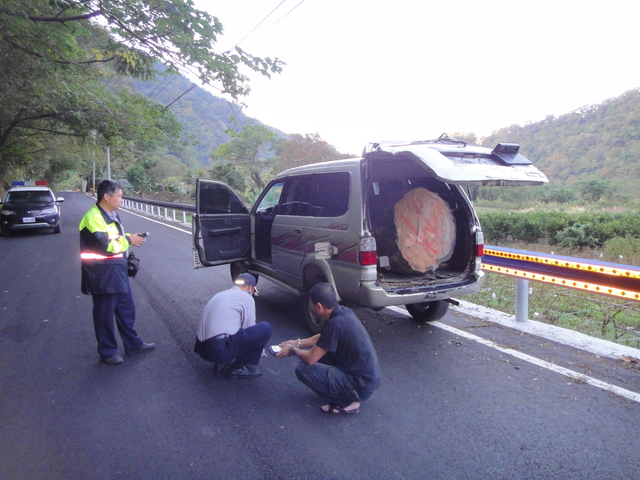 警方攔查詹嫌的廂型車裡有價值50萬元的肖楠木。（警方提供）