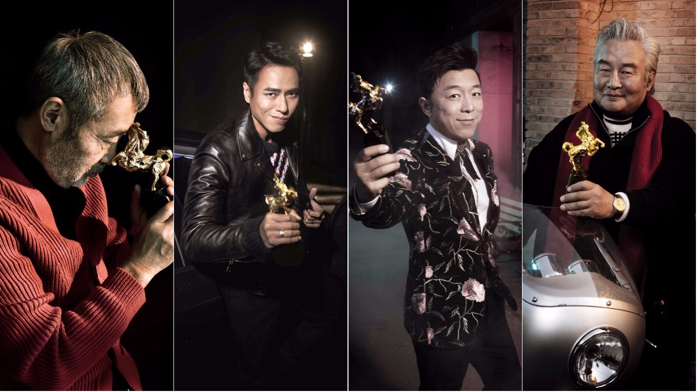 除了金城武之外的4位男主角入圍者田壯壯、莊凱勛、黃渤、涂們（由左至右），在訪談中分享自己的拍戲心路歷程。（金馬獎執委會提供）