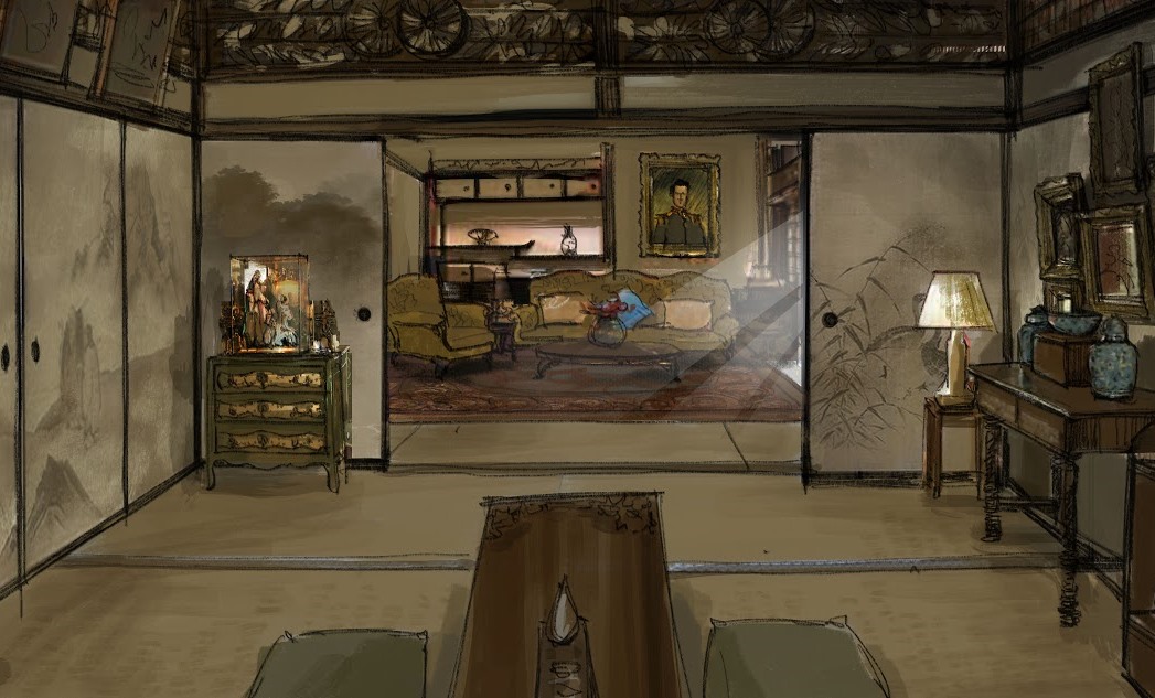 《血觀音》美術設計圖中的棠家華美接待廳採和洋融合風格，鋪上榻榻米之外，也有沙發、地毯。（双喜提供）