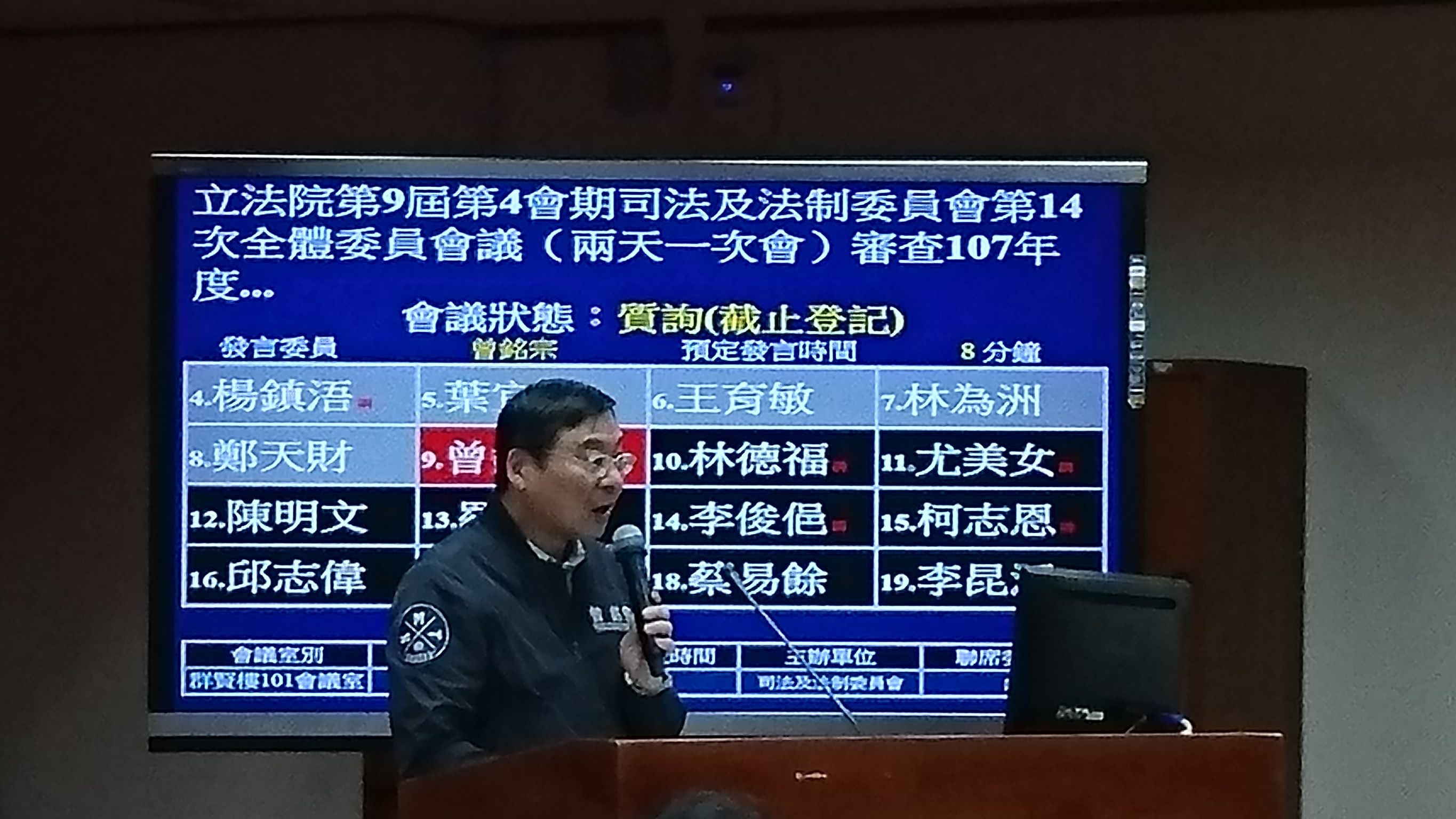 藍委曾銘宗在立院質詢雄檢檢察長周章欽有關檢方正在偵辦中的獵雷艦案，引起劍青改抗議。