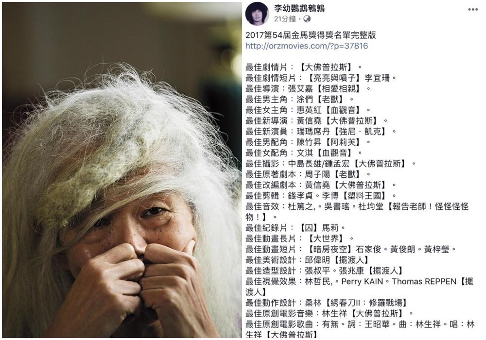 李幼鸚鵡鵪鶉轉PO得獎名單,導致名單疑似外洩風波。(右圖翻攝臉書)