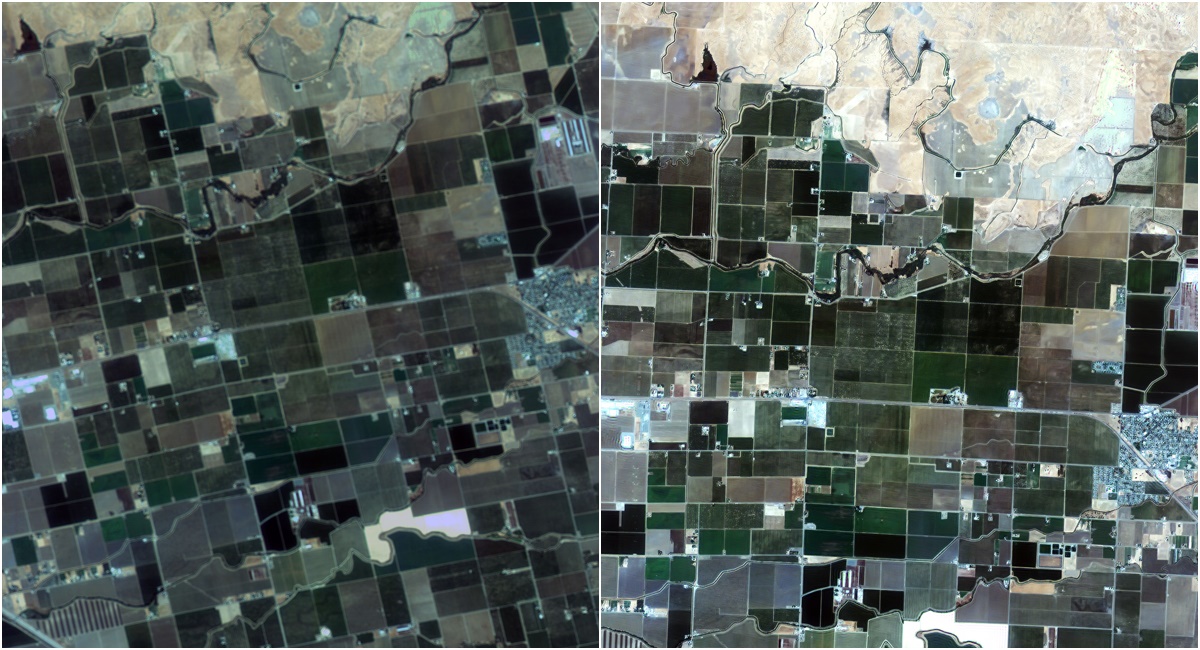 校正前（左）雖然可以辨識農田和房舍，但都有點模糊不清，甚至出現光斑等問題，校正後（右）很明顯看到農田的邊線比較清晰，連房舍也都清楚許多。（太空中心提供）