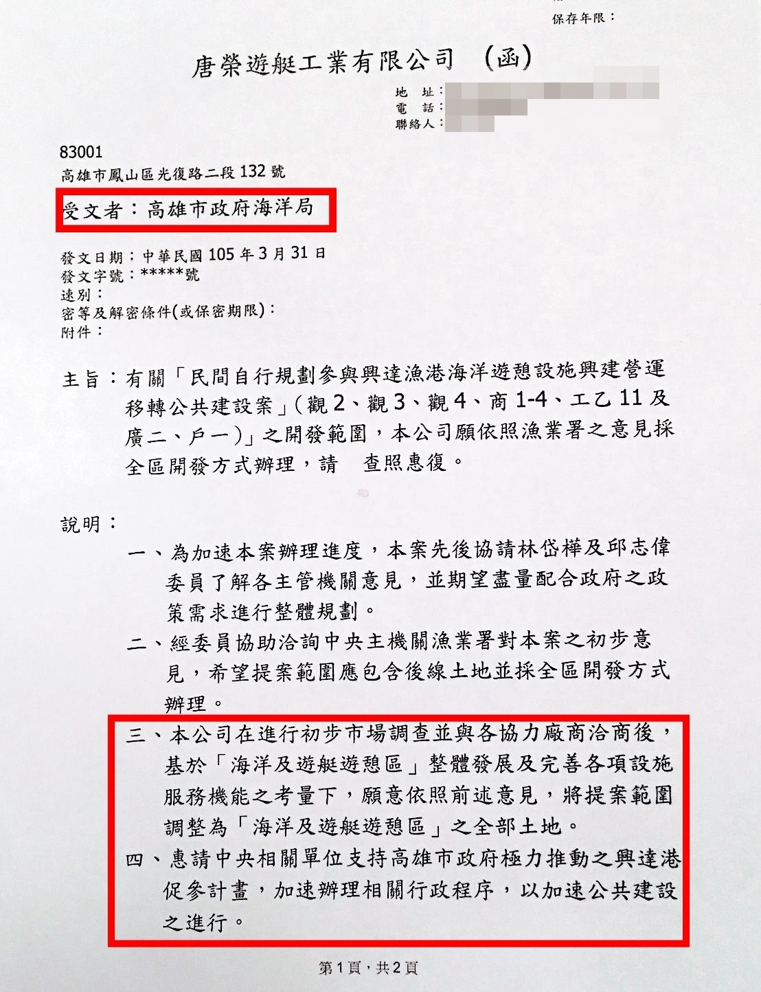 高雄市議員黃紹庭提到唐榮公司行文海洋局(圖),表明願意配合興達港52公頃園區,但仍敗給慶富,無法如願取得開發權。
