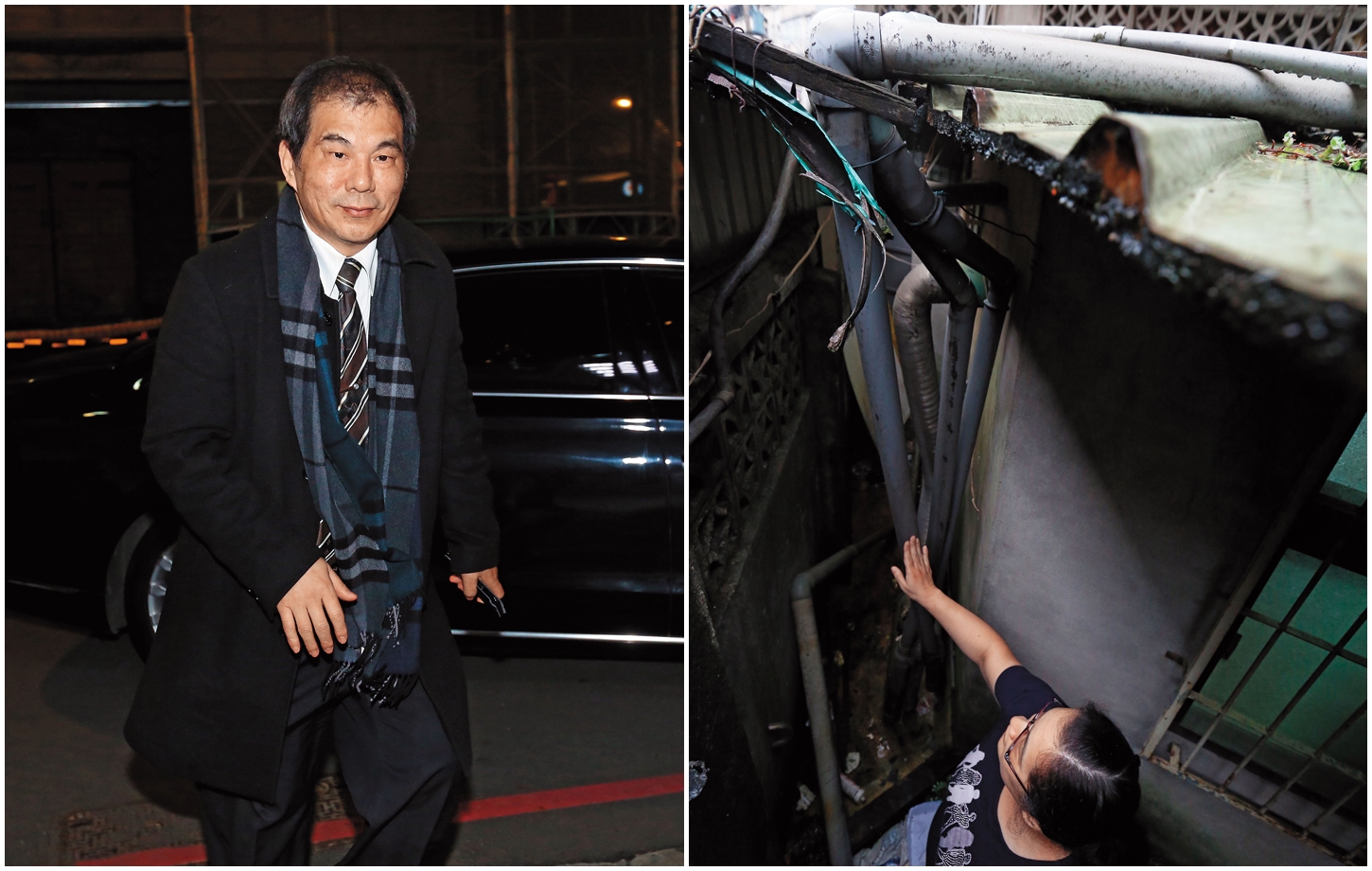 圖左：新北市議員周勝考交保後，又被民眾指控涉關說阻擋汙水下水道工程；圖右：住戶控訴自家後院防火巷被違建戶私接管線占滿，根本失去功能。