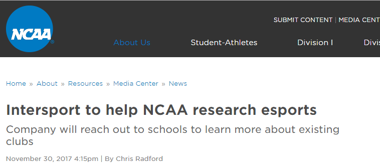 NCAA 宣布與 Intersport 合作，以了解大學電競整體現況。
