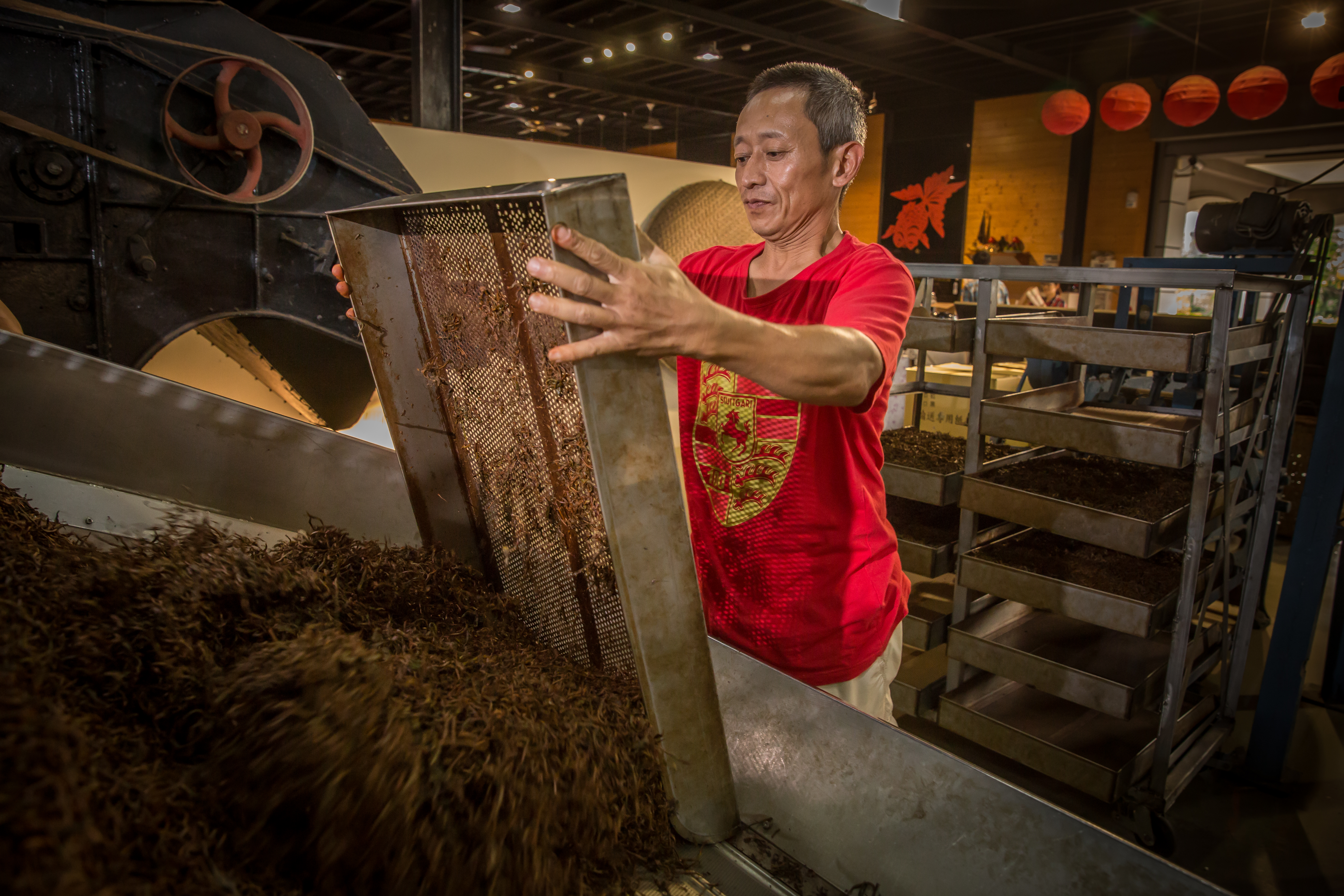 乾燥烘焙：將氧化的茶葉放入乾燥機，先以溫度105度進行烘焙後，再以95度進行第二次乾燥。目前製程主要由李韋梆負責。