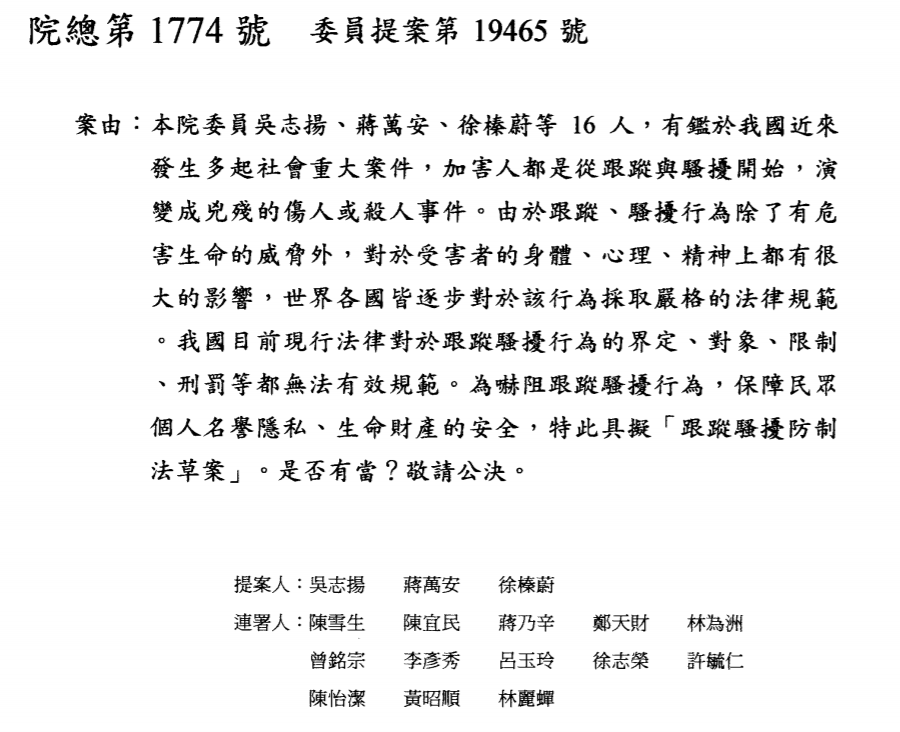 國民黨立委吳志揚等人去年7月提出「跟蹤騷擾防制法」草案,至今仍未實質審議過。