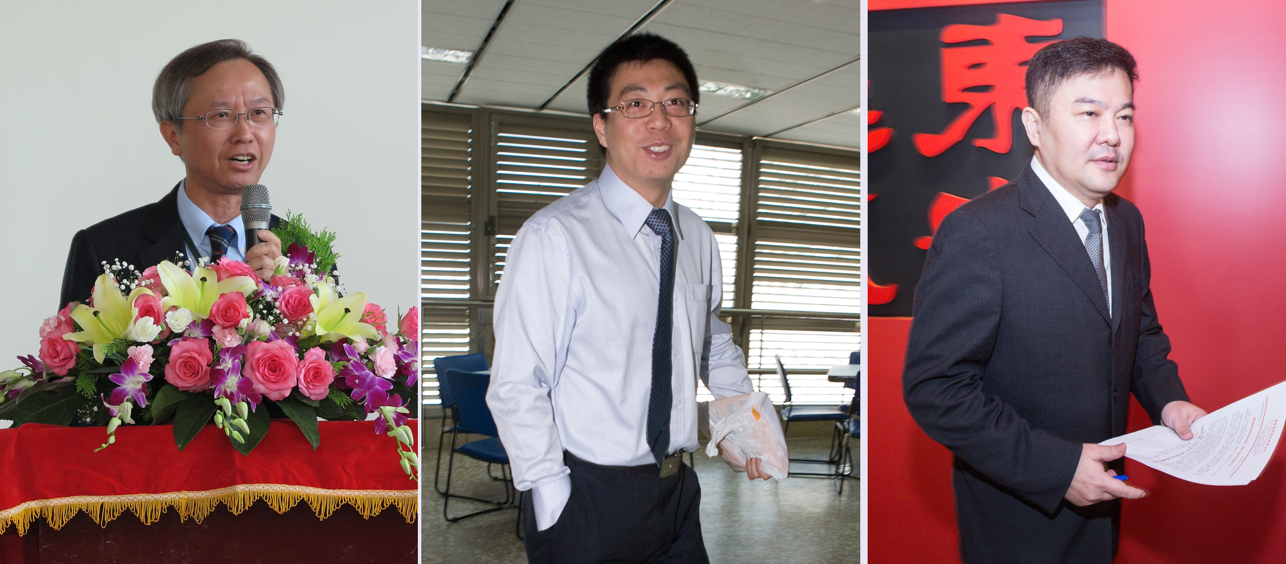 三信商銀今年再爆經營權之爭，以董事長廖松岳為首的原始股東擔憂董事會風雲變色。左：廖松岳（聯合知識庫）、中：林家宏（今周刊）、右：張鋼維。