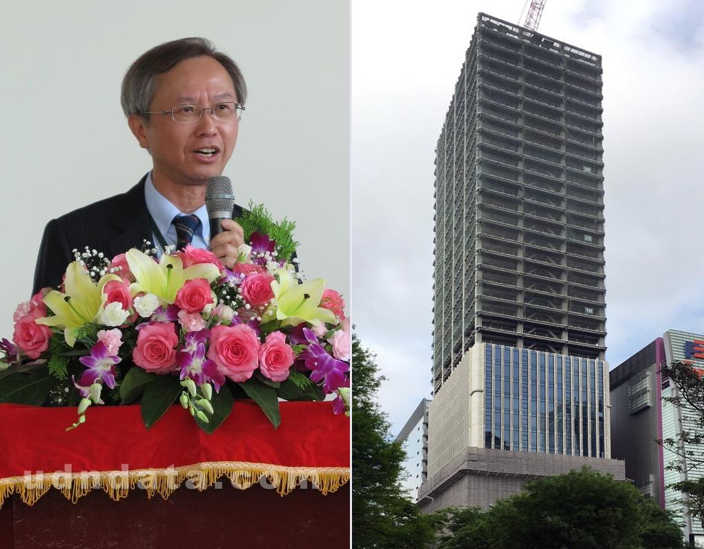 三信商銀現任董座廖松岳是台中七期大地主之一，聯聚中雍大廈的土地也是廖家所有。左為廖松岳（聯合知識庫）；聯聚中雍大樓（翻攝自聯聚官網）。