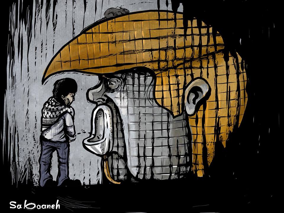 巴勒斯坦漫畫家薩巴拿辛勤作畫，以回應川普認耶路撒冷為以色列首都的言論。（薩巴拿臉書）