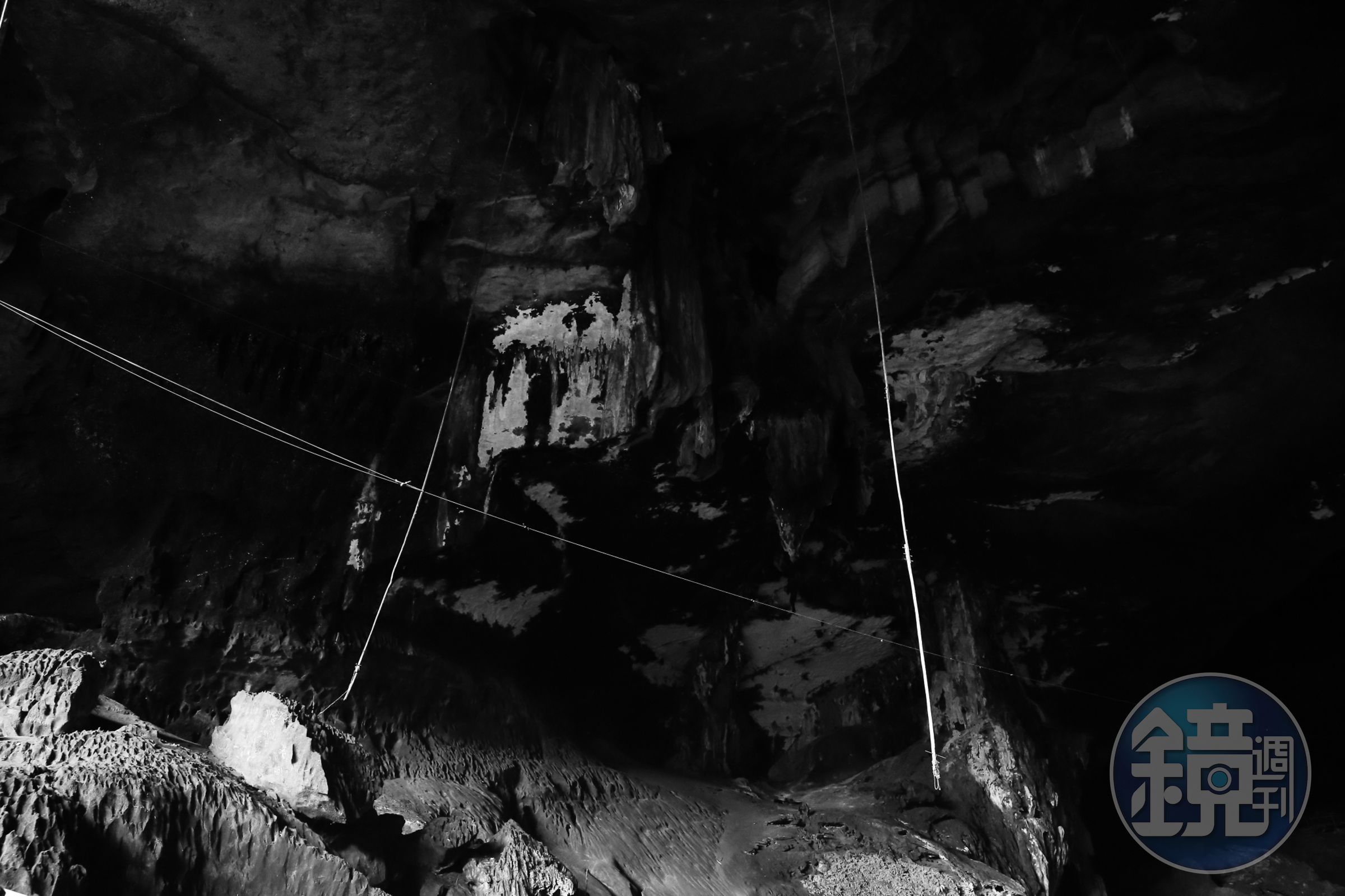 Great Cave，燕窩採集者的竹竿自洞頂垂下。