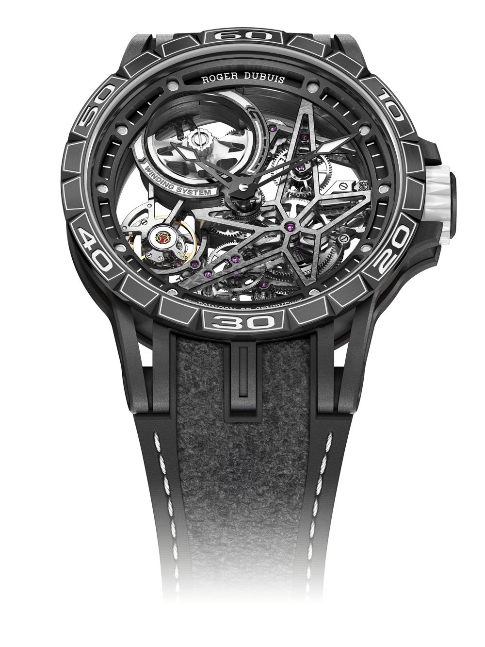 《 Excalibur Spider Pirelli - Automatic Skeleton（黑） 》2018 Pre SIHH第二彈！與PIRELLI倍耐力輪胎聯名的最新款式，鈦金屬黑色DLC 塗層鏤空錶圈，搭配覆有白色橡膠塗層的錶冠、和點綴著白色縫線的倍耐力賽胎材質錶帶。  功能：時、分指示/機芯：自動上鍊機芯/定價：NT$2,200,000（限量88只）