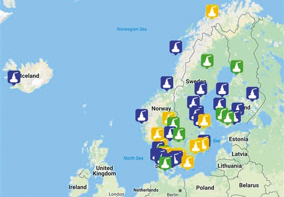 從北歐地圖上可以看出，蒸餾廠如雨後春筍冒出來。