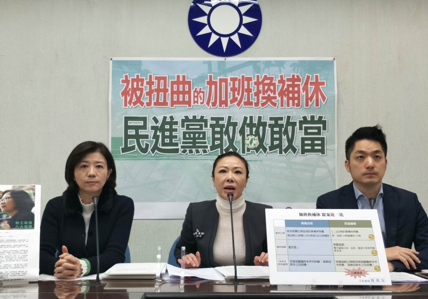 國民黨立委蔣萬安（右）對其提出的加班換補休條文被扭曲非常不滿。