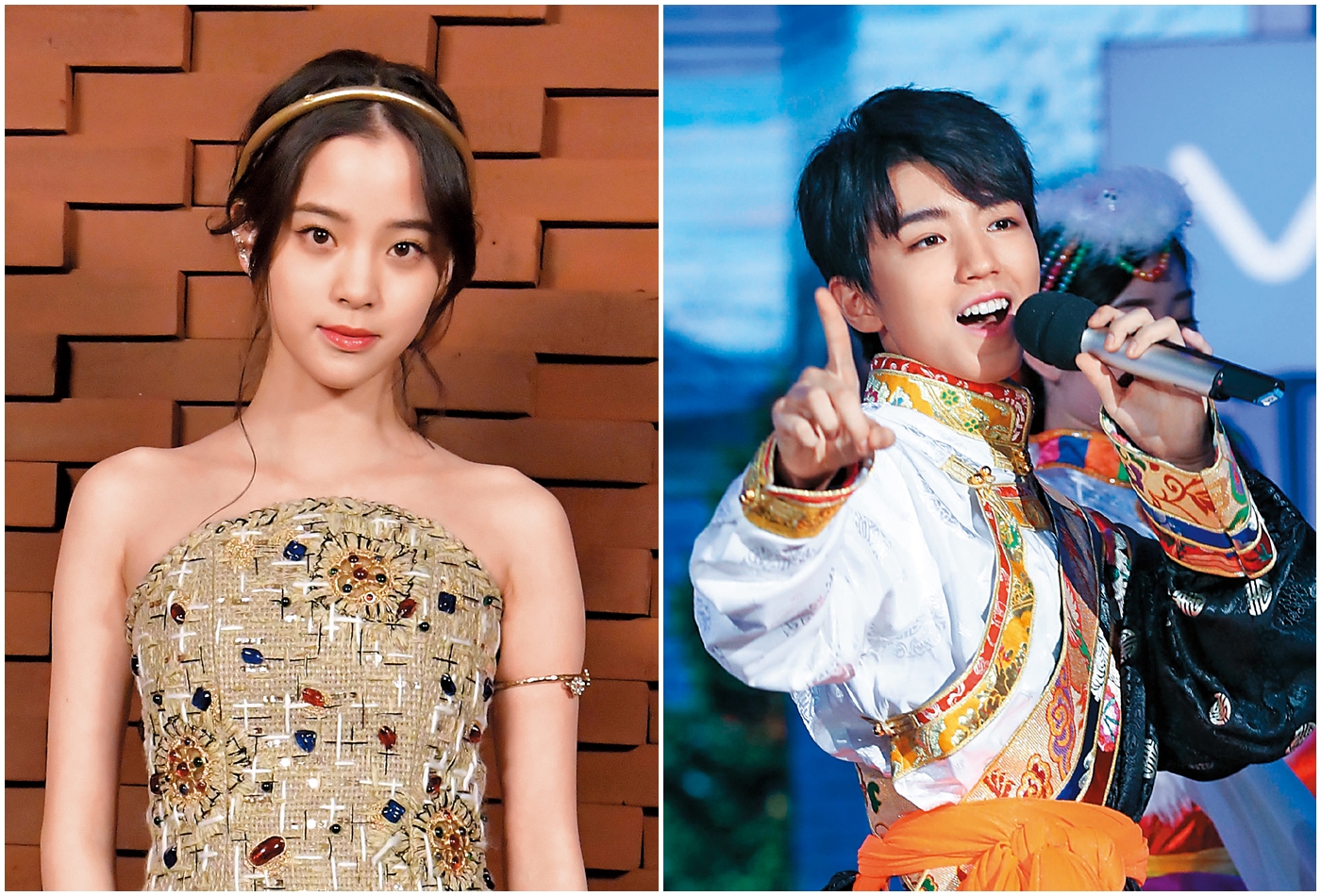 歐陽娜娜（左）氣質清新，成為新生代最被看好的女明星；TFBoys隊長王俊凱（右）在大陸人氣超夯，被網友票選為「中國90後十大影響力人物」榜首。（東方IC）