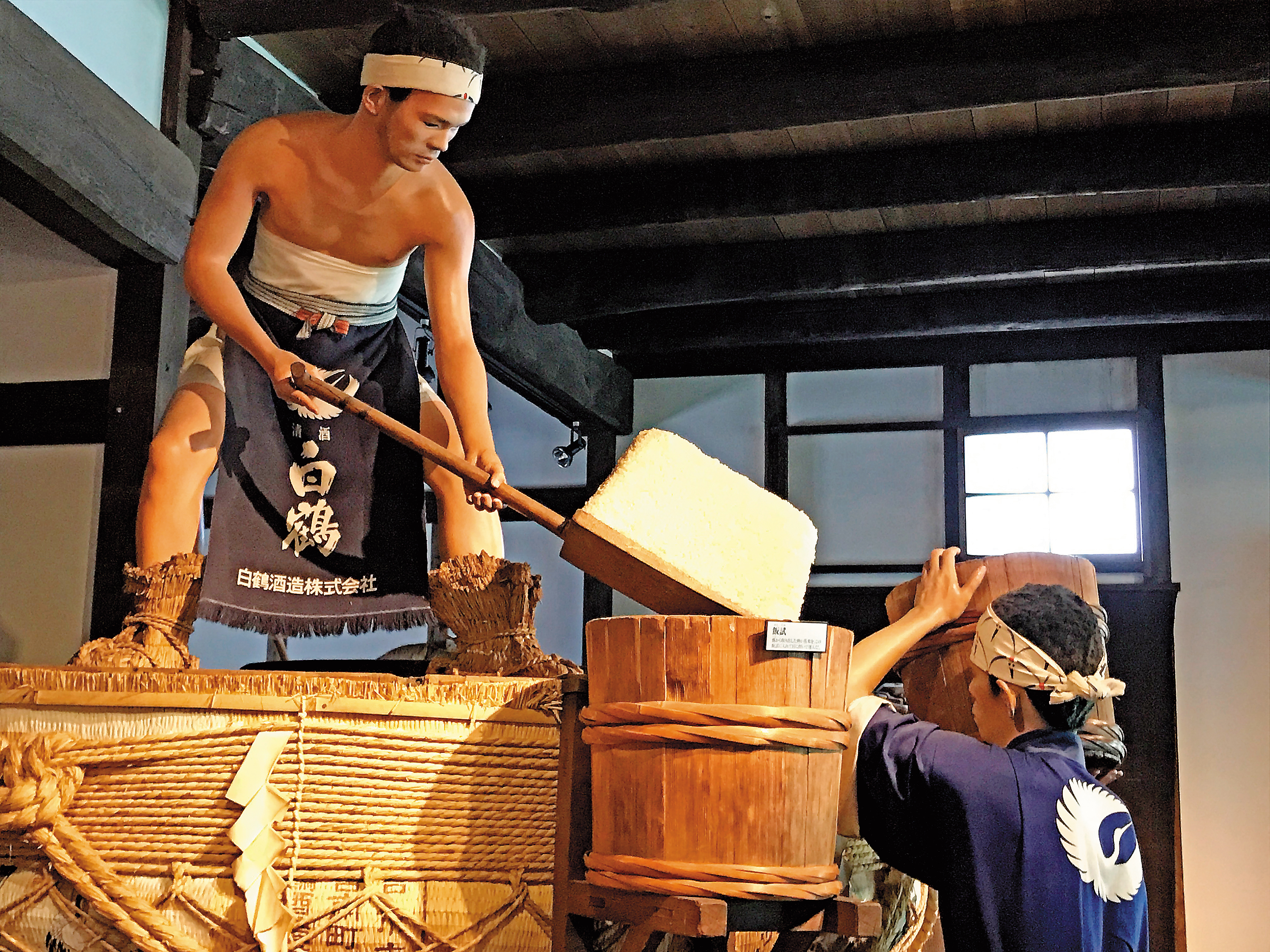 搬運蒸米。白鶴的清酒博物館是有人偶的，而且據說就是按照當年工人的模樣去訂製，表情動作栩栩如生。蒸好的酒米必須分批搬到2樓通風處，進行冷飯。