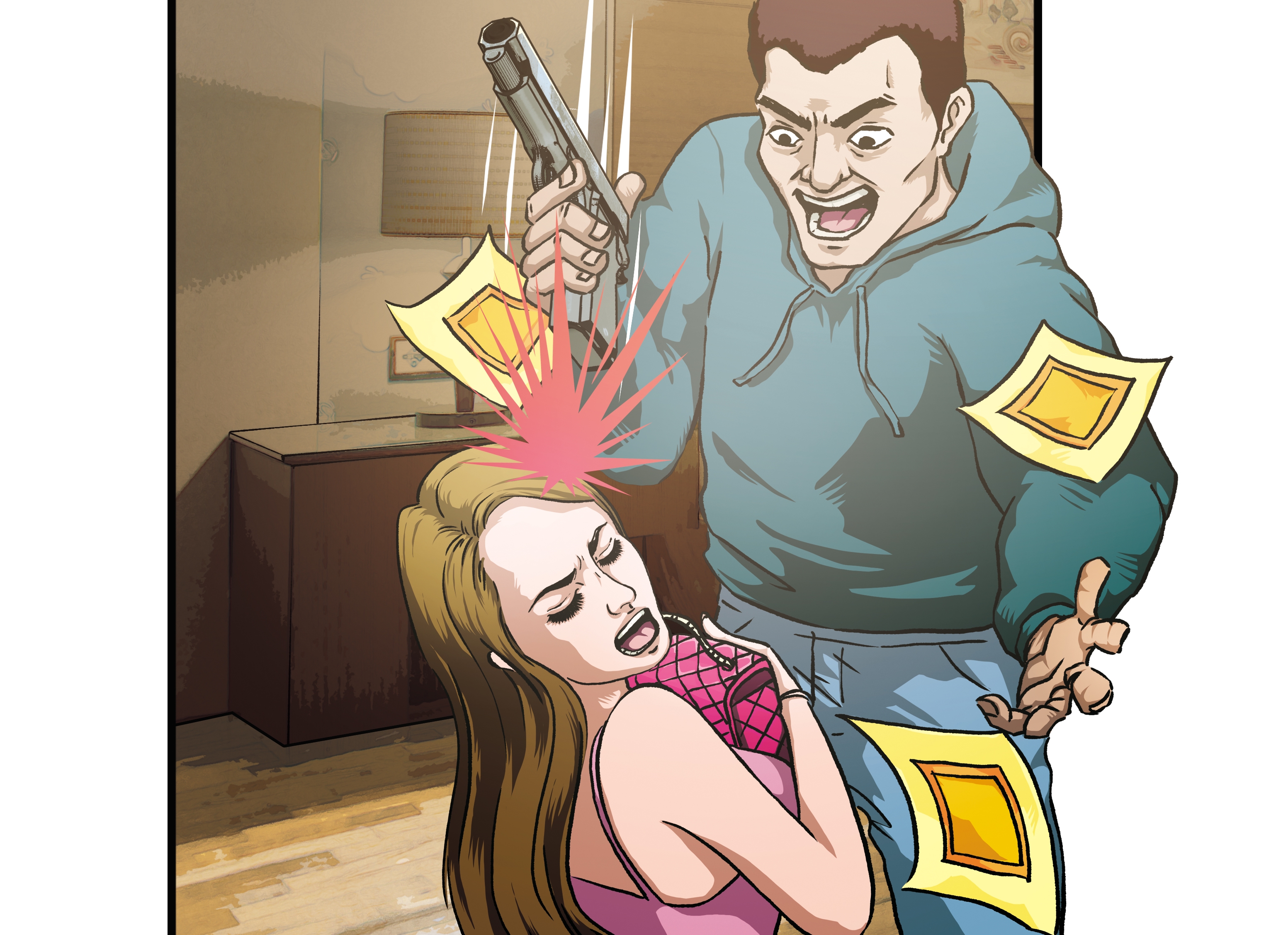 搶匪一進門就拿槍抵住賣淫女子，將賣淫女身上的現金洗劫一空。