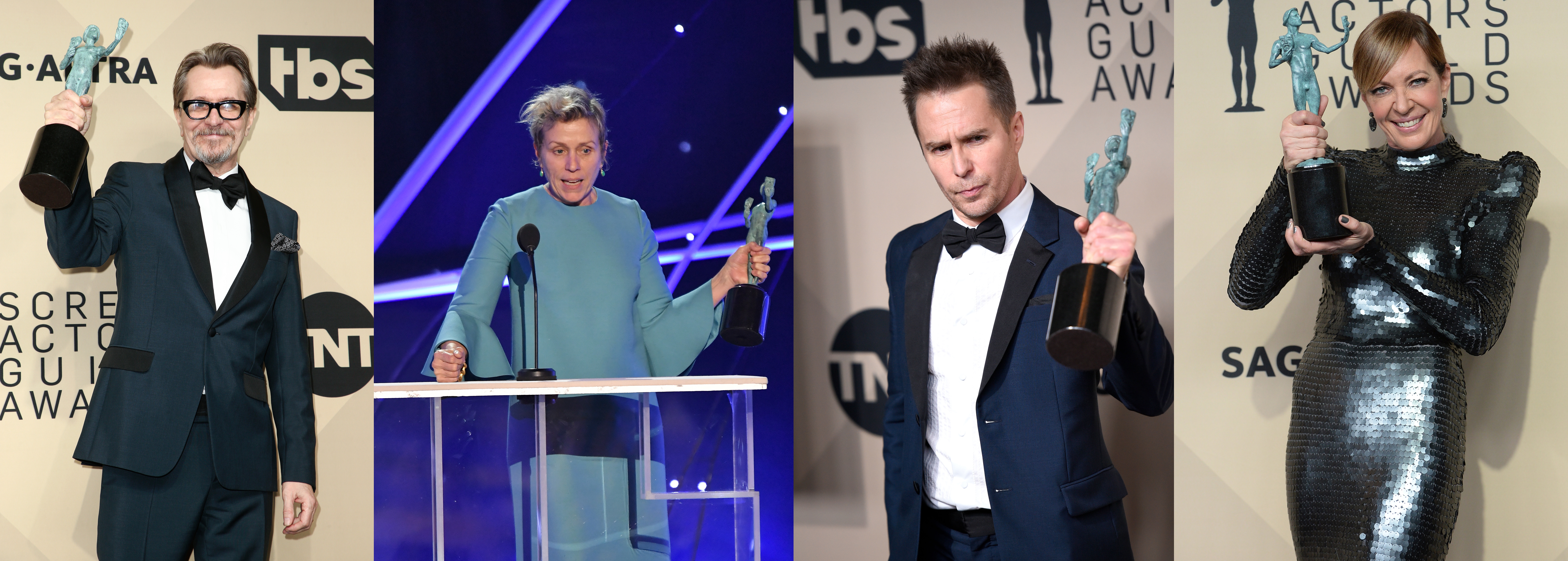 本屆演員工會電影類4大得主，左起最佳男主角蓋瑞歐德曼、最佳女主角法蘭西絲麥朵曼、最佳男配角山姆洛克威爾、最佳女配角艾莉森珍妮。（合成照片、東方IC）