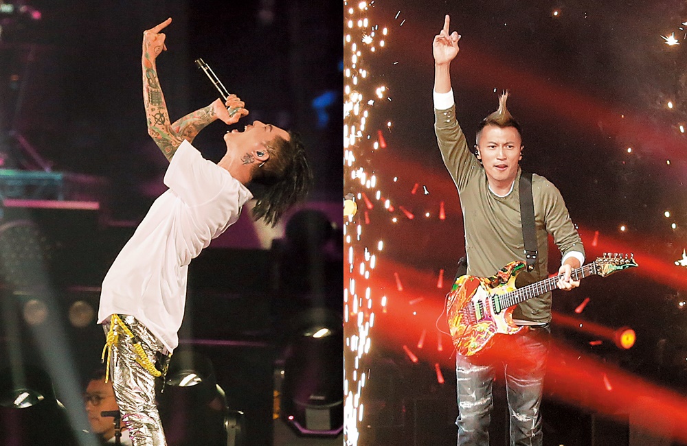 不只公雞頭搶鏡，謝霆鋒還嘴開開地比了中指，是有股憨傻風味的空幹；謝和弦飆的中指有力多了，手臂上的刺青也很搶鏡。