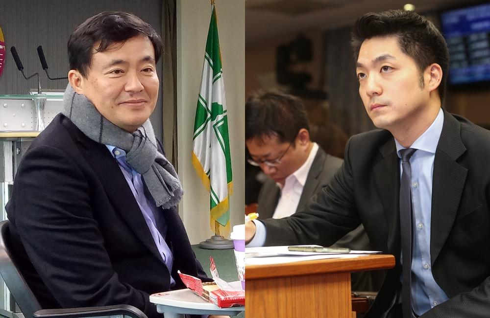 民進黨祕書長洪耀福(左)今與媒體茶敘,大讚蔣萬安(右)有智慧,不作國民黨主席吳敦義的棋子。